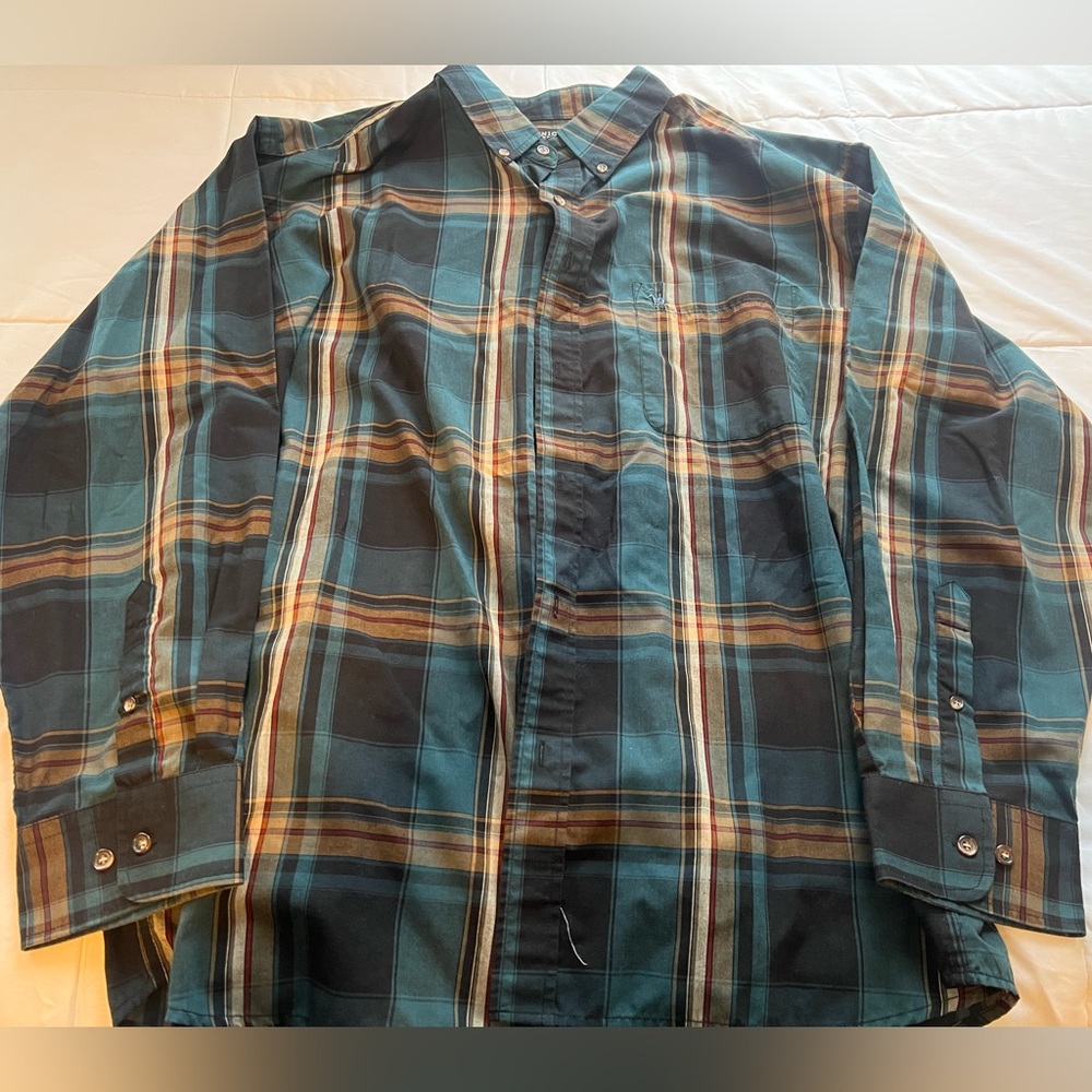 Knights Sportswear plaid button down shirt dark green, black & cream